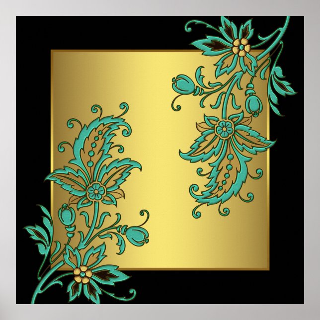 Svart elegant blomstermotiv väggkonsttryck i guld poster (Framsidan)