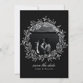 Svart Elegant Botanisk Linje Krans Foto & QR Spara Datumet