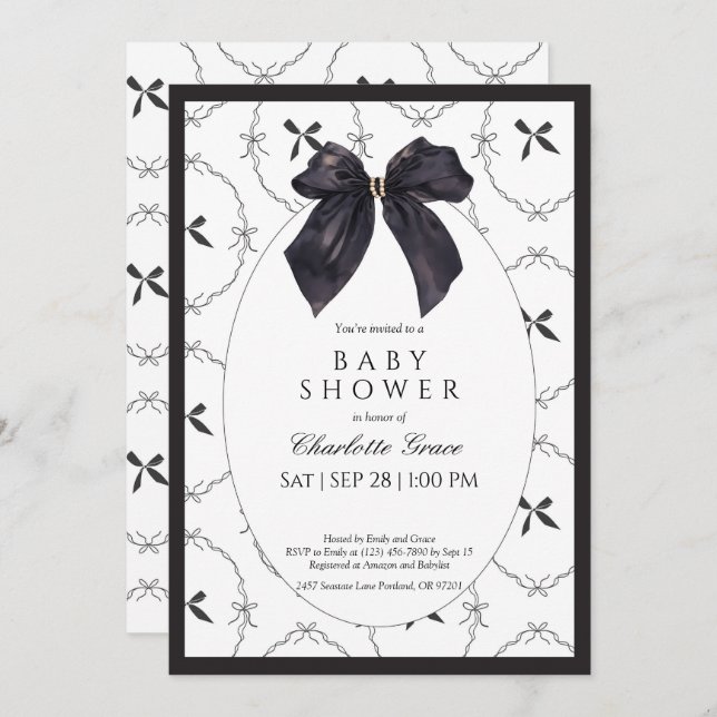 Svart Elegant Bow Baby Shower-inbjudan Tack Kort (Fram/baksida)