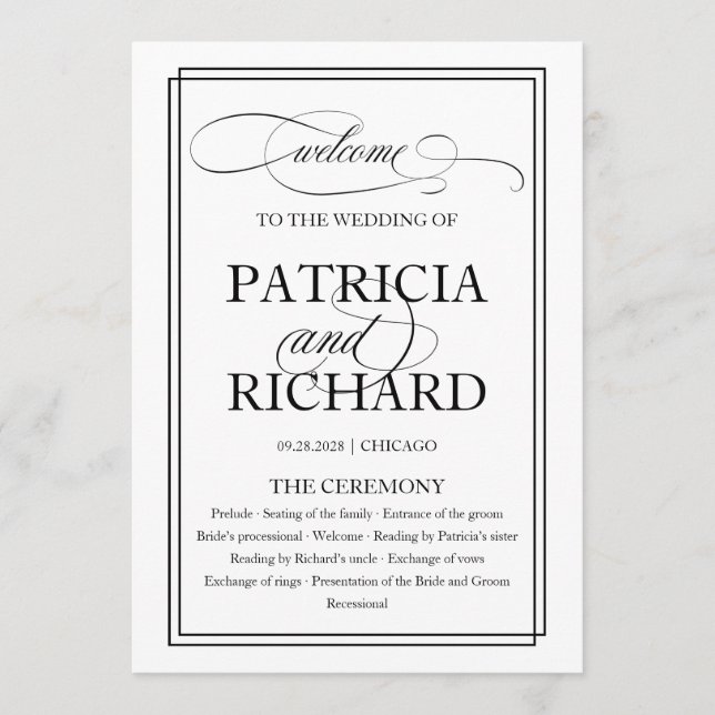 Svart elegant bröllopsceremoni-program med skrivst program (Framsida)