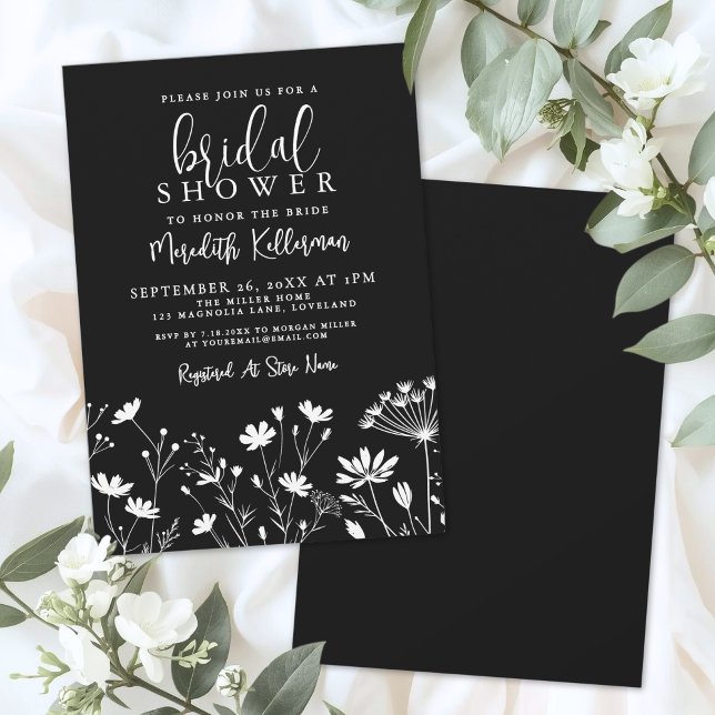 Svart Elegant Bröllopsfest för Vildblommor Inbjudningar (Black Elegant Wildflower Bridal Shower Invitation)