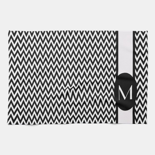 Svart Elegant Chevron Design med monogram Kökshandduk (Horisontell)