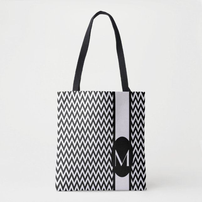 Svart Elegant Chevron Design med monogram Tygkasse (Framsida)