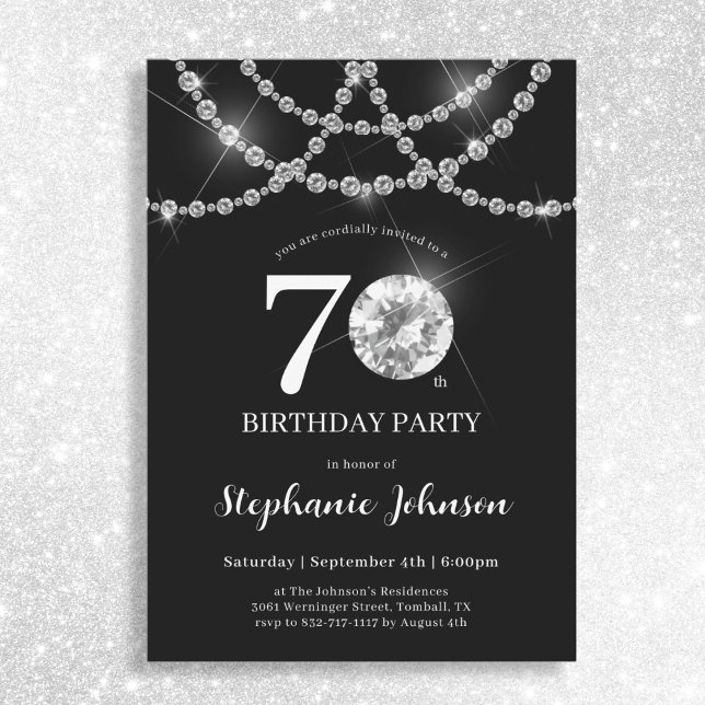 Svart elegant Diamonds 70:e Födelsedagsfesten Inbjudningar (Mockup View)