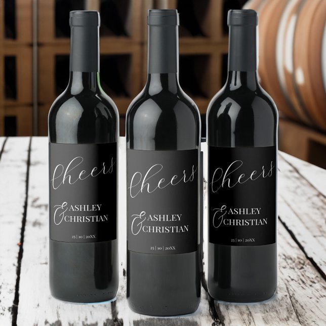 Svart elegant - enkel bröllopsförmån utskriven vinflaska etikett (Black elegant simple minimalist monogram wedding favor printed wine label personalized favors)