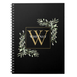 Svart Elegant Eukalyptus Grönska Guldmonogram Anteckningsbok