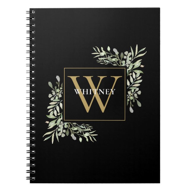 Svart Elegant Eukalyptus Grönska Guldmonogram Anteckningsbok (Framsidan)