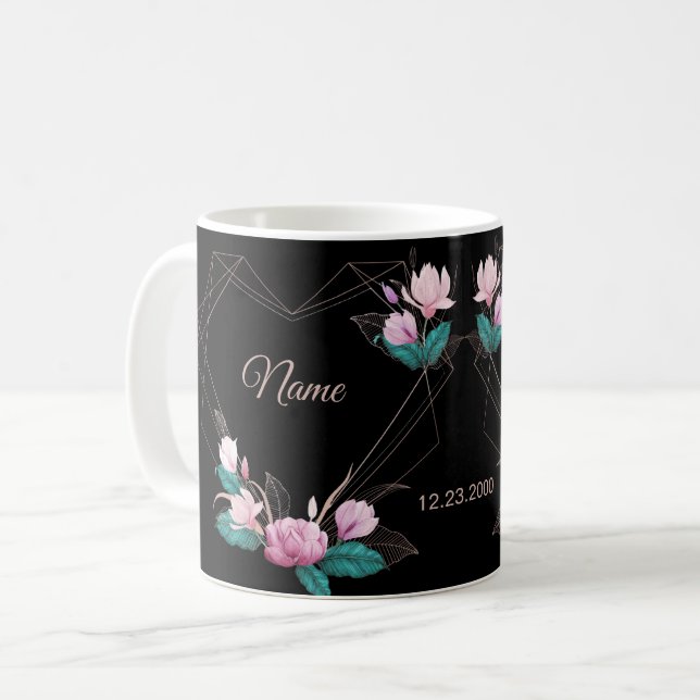 Svart elegant geometrisk guld med rosa blommor brö kaffemugg (Framsida vänster)