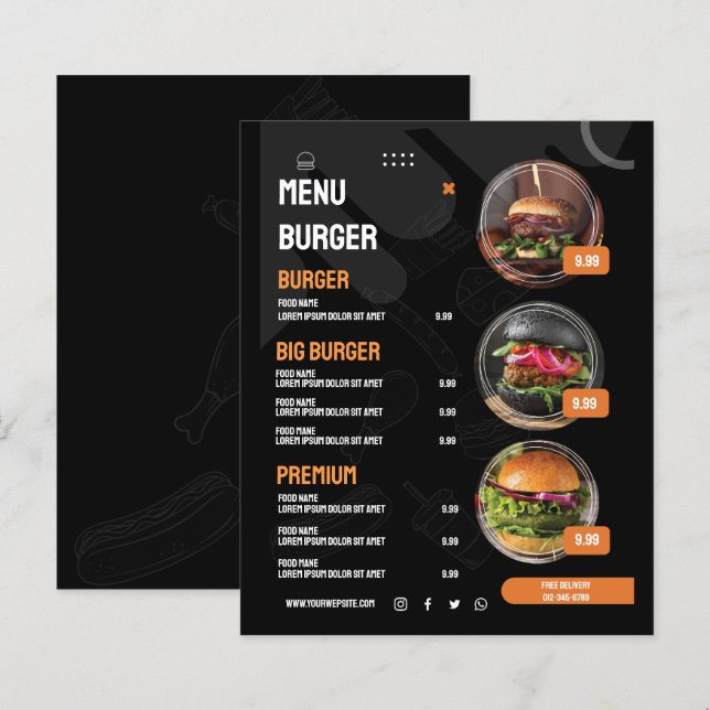 Svart elegant hamburgerrestaurang meny inbjudan (Fram/baksida)