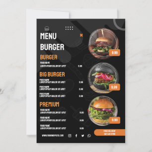 Svart elegant hamburgerrestaurang meny inbjudan