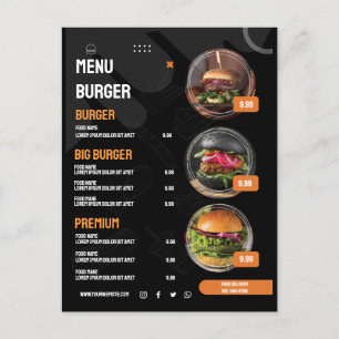 Svart elegant hamburgerrestaurang meny inbjudan