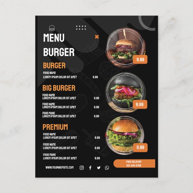 Svart elegant hamburgerrestaurang meny inbjudan (Framsida)