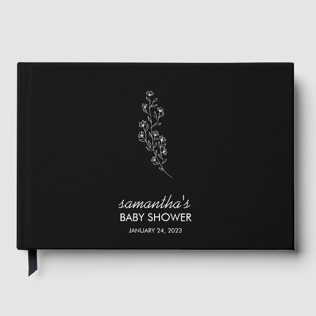 Svart elegant handritad blomster baby shower gästböcker (Framsida)