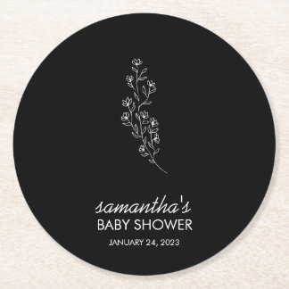 Svart Elegant Handritad Skiss Blomma Underlägg Papper Rund