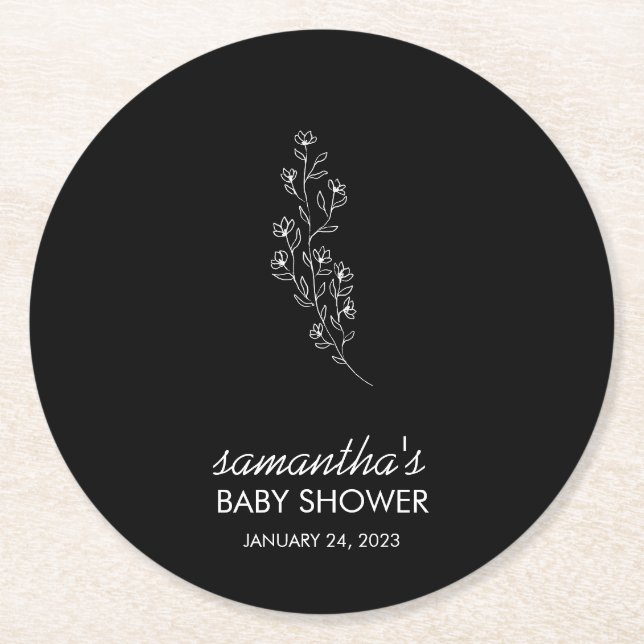 Svart Elegant Handritad Skiss Blomma Underlägg Papper Rund (Framsidan)