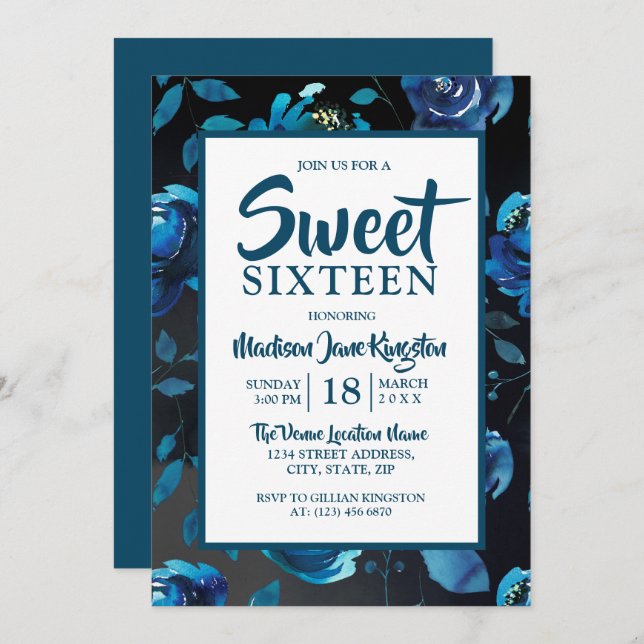 Svart Elegant i Midnight Blue Blommigt Sweet 16 In Inbjudningar (Fram/baksida)