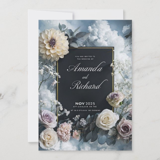 Svart elegant-inbjudan med Blommigt Borde Inbjudningar (Framsida)