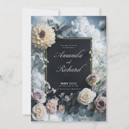 Svart elegant-inbjudan med Blommigt Borde Inbjudningar