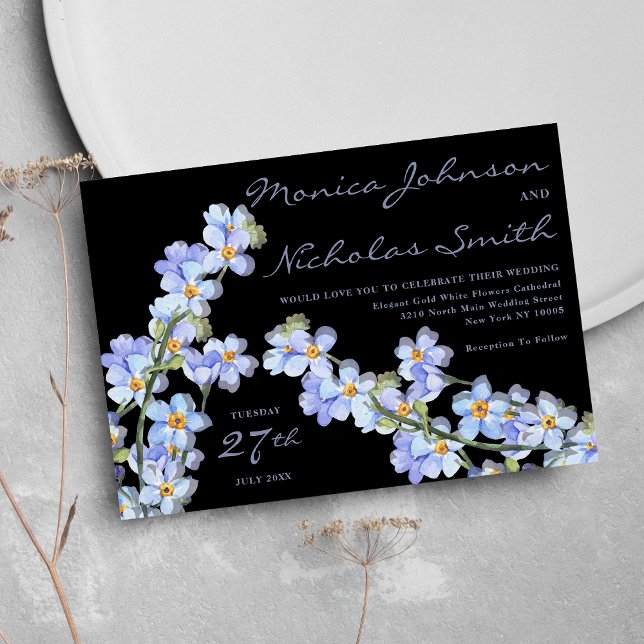 Svart elegant lavender blue grönt blommigt Bröllop Inbjudningar (Black elegant lavender blue green floral Wedding )