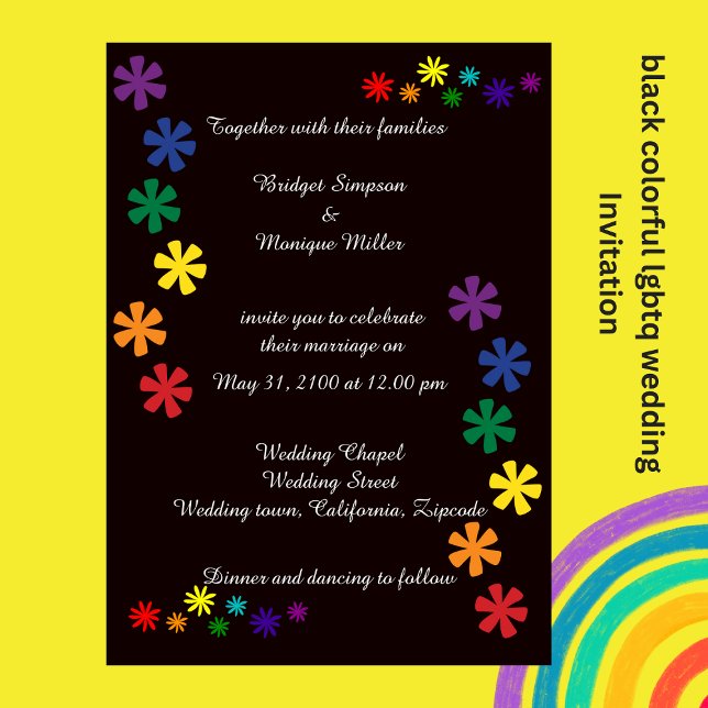 svart elegant lgbtq blomma kärlek Bröllopsinbjudan Inbjudningar (black colorful lgbtq  wedding Invitation by wedding Hobinishop)
