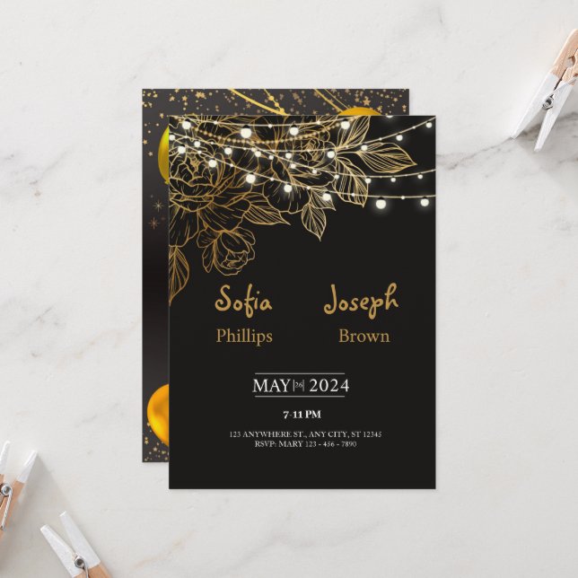 Svart Elegant - minimalistisk bröllopsinbjudan Inbjudningar (Fram/Back In Situ)