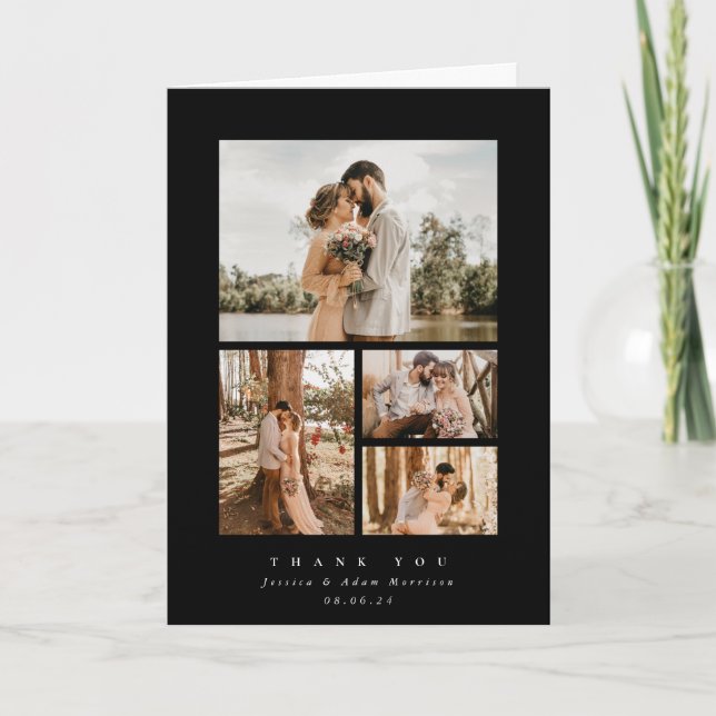 Svart Elegant - minst 4 foto Bröllop Tack Kort (Framsida)