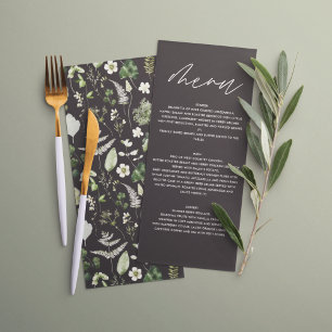 Svart elegant modern botanisk script bröllop meny