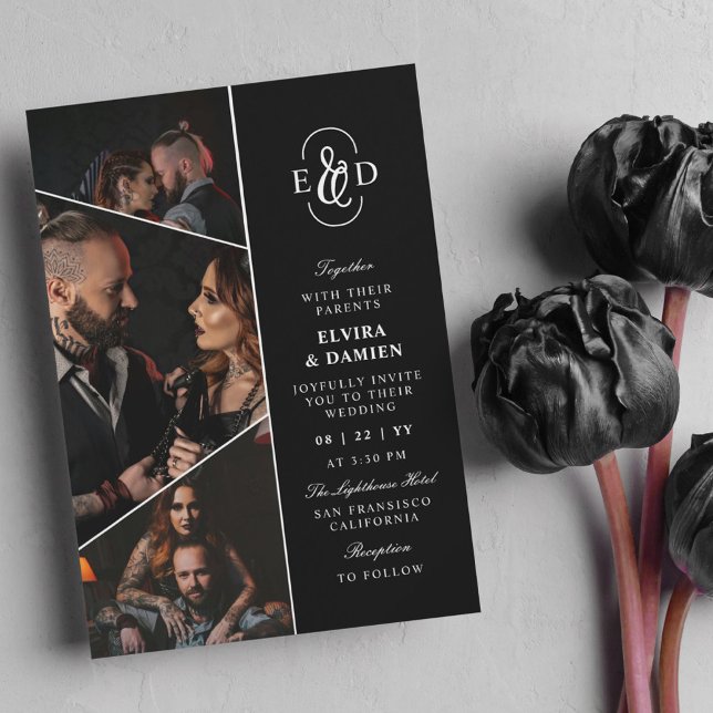 Svart Elegant Monogram Asymmetrisk Fotos Bröllop Inbjudningar (Skapare uppladdad)