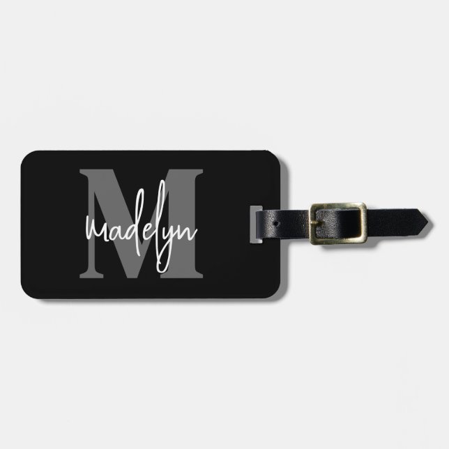 Svart Elegant Monogram Namn Bagagebricka (Horisontell Framsida)