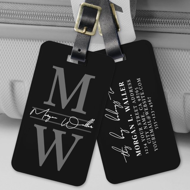 Svart Elegant Monogram Namn Bagagebricka (Black Elegant Monogram Name Luggage Tag )