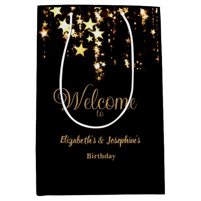 Svart elegant och guld-stjärnor, dubbla-födelsedag (Framsidan)