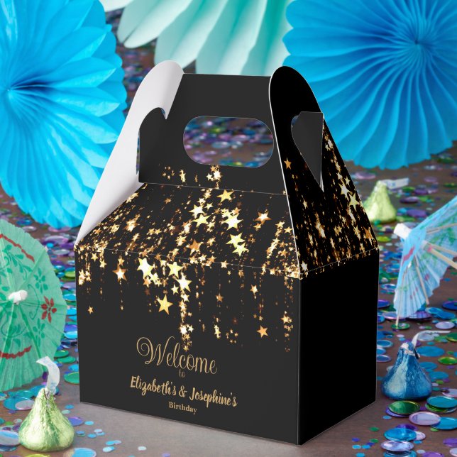 Svart elegant och guld-stjärnor, dubbla-födelsedag presentaskar (Part)