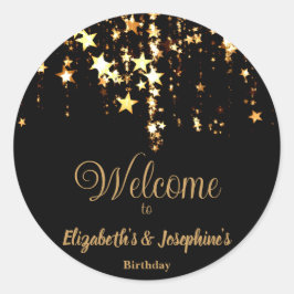 Svart elegant och guld-stjärnor, dubbla-födelsedag runt klistermärke