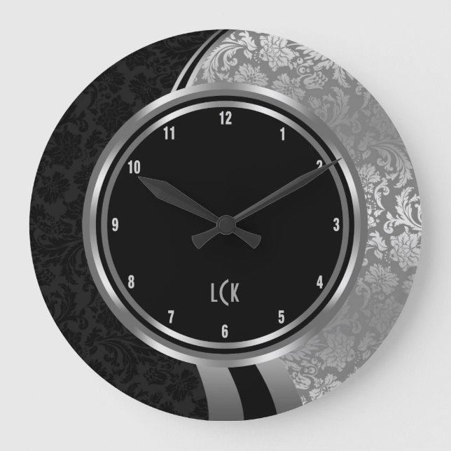 Svart elegant och ram för silverdamastsilver stor klocka (Framsida)