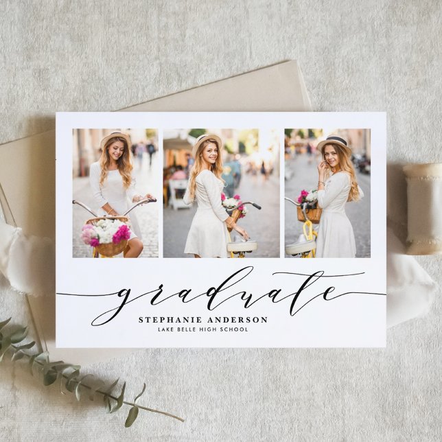 Svart Elegant Skrift Tre Foto Examen Inbjudningar (Customizable three-photo collage Graduation Invitation featuring whimsical calligraphy)