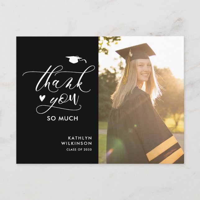 Svart Elegant-skript Foto Studenten Tack Vykort (Framsida)