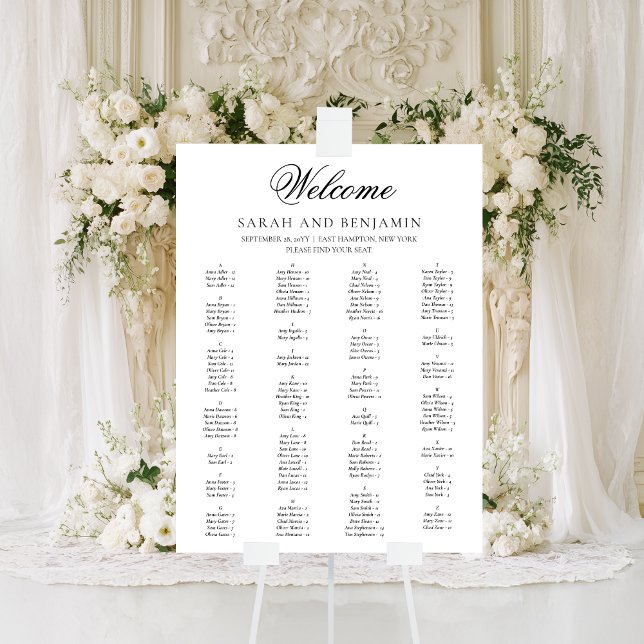 Svart elegant-skript - minimalt sittdiagram för Br Poster (This elegant wedding seating chart leaves plenty of space for guest names.)