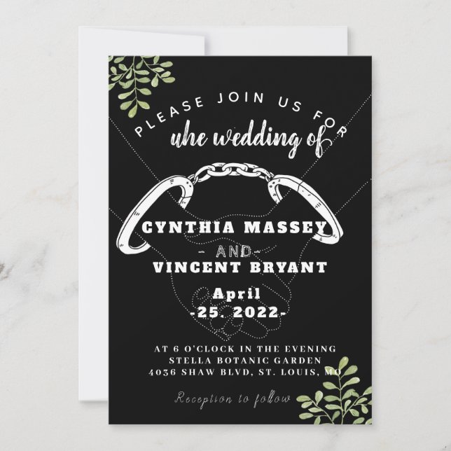 Svart elegant sött bröllopsinbjudan med eukalyptus inbjudningar (Framsida)