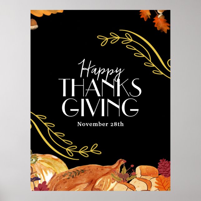 Svart Elegant Thanksgiving middag fest Utskrivbar Poster (Framsidan)