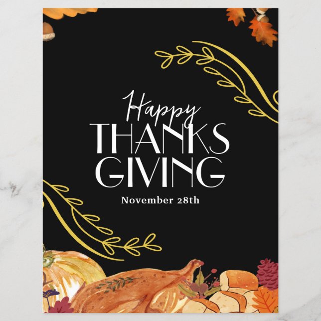 Svart Elegant Thanksgiving middag party utskrivbar Reklamblad (Framsidan)