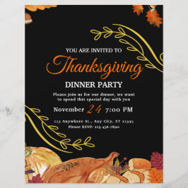 Svart Elegant Thanksgiving middagsfest Utskrivbar Reklamblad