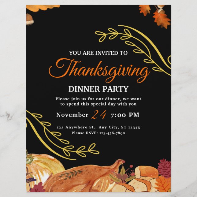 Svart Elegant Thanksgiving middagsfest Utskrivbar Reklamblad (Framsidan)