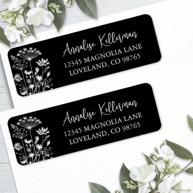 Svart Elegant Vildblomma Returadress Etikett (Black Elegant Wildflower Return Address Label )