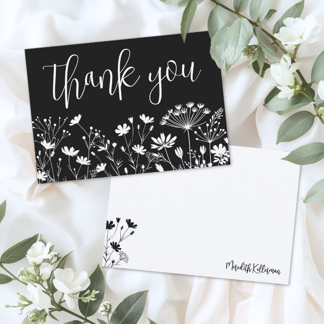 Svart Elegant Vildblomma Tack Kort (Black Elegant Wildflower Thank You Card )