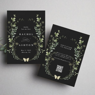 Svart Elegant Watercolor Wildblomma Bröllop Spara Datumet