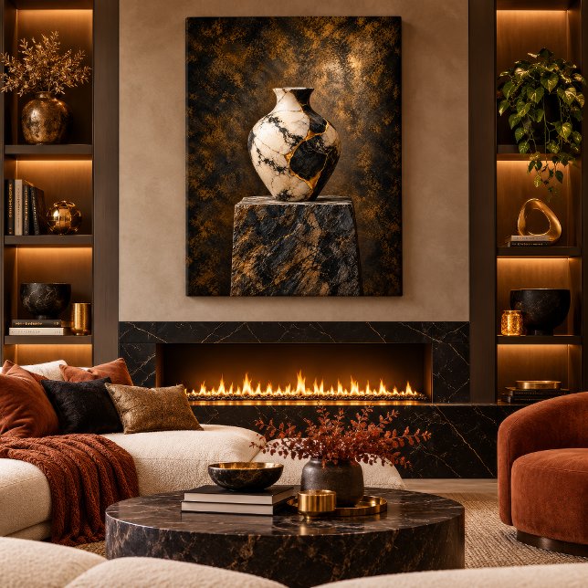 Svart Elfenbensguld Kintsugi Vas Konst Canvastryck (Luxury Kintsugi vase canvas above a modern fireplace in a terracotta, black and gold living room.)