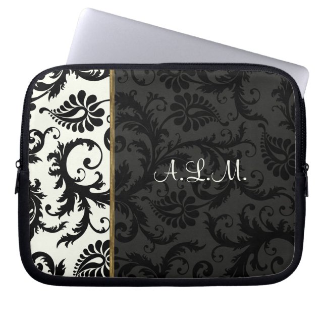 Svart, Elfenbenskusten, Guld Blommigt Damask Lapto Laptop Sleeve (Framsidan)