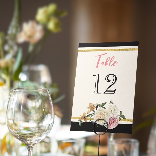 Svart, Elfenbenskusten, Guld Blommigt Möhippa Bordsnummer (Black, gold, ivory floral wedding table number card. )