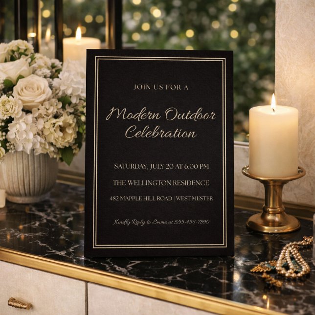 Svart Elfenbenskväll Elegant Inbjudan (Black and ivory layout with clean lines for a refined evening backyard celebration)
