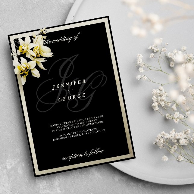 Svart elfenbensmonogram initialer orchid bröllop inbjudningar (Black ivory monogram initials orchid wedding )